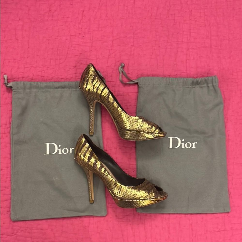 Dior Gold Peep-Toe Heels, US6,5
